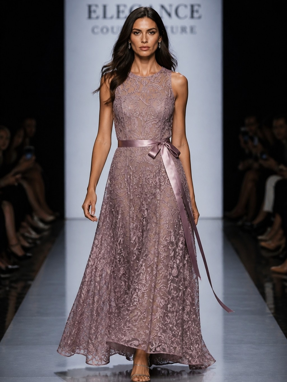 Tahari Dusty Mauve Lace Maxi Dress with Satin Waist Tie